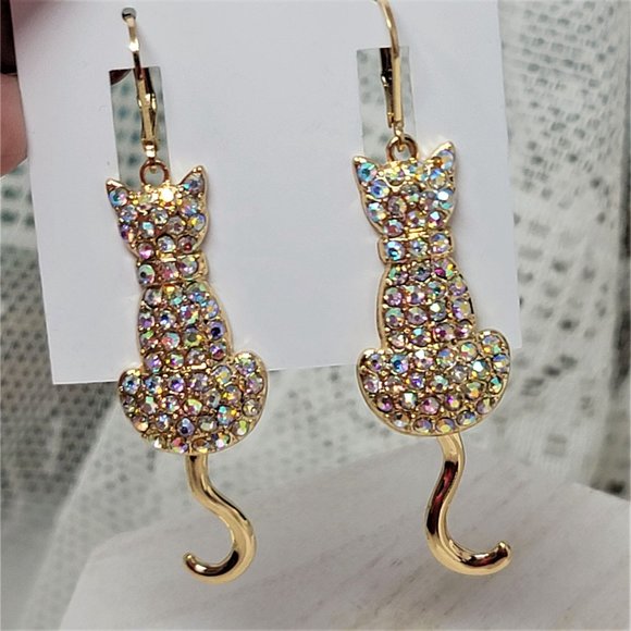 Bella Jack Rhinestone Kitty Cat Earrings NWT Gold Pierced - Picture 4 of 6